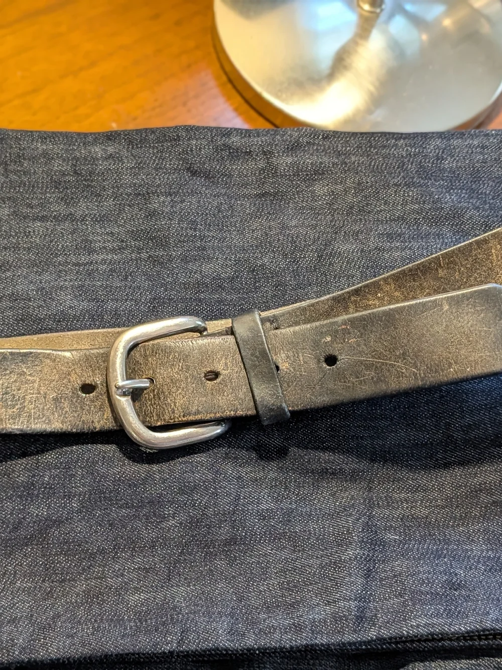 Beautiful Vintage Black Leather Belt with Silver Buckle Check out the patina!